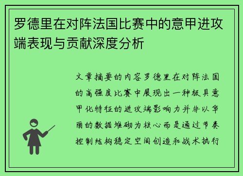 罗德里在对阵法国比赛中的意甲进攻端表现与贡献深度分析 罗德里在对阵法国比赛中的意甲进攻端表现与贡献深度分析
