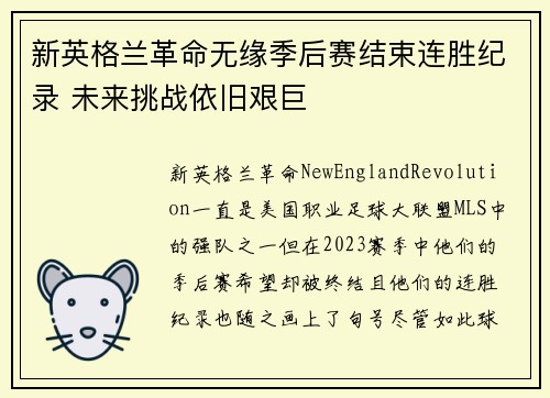 新英格兰革命无缘季后赛结束连胜纪录 未来挑战依旧艰巨 新英格兰革命无缘季后赛结束连胜纪录 未来挑战依旧艰巨